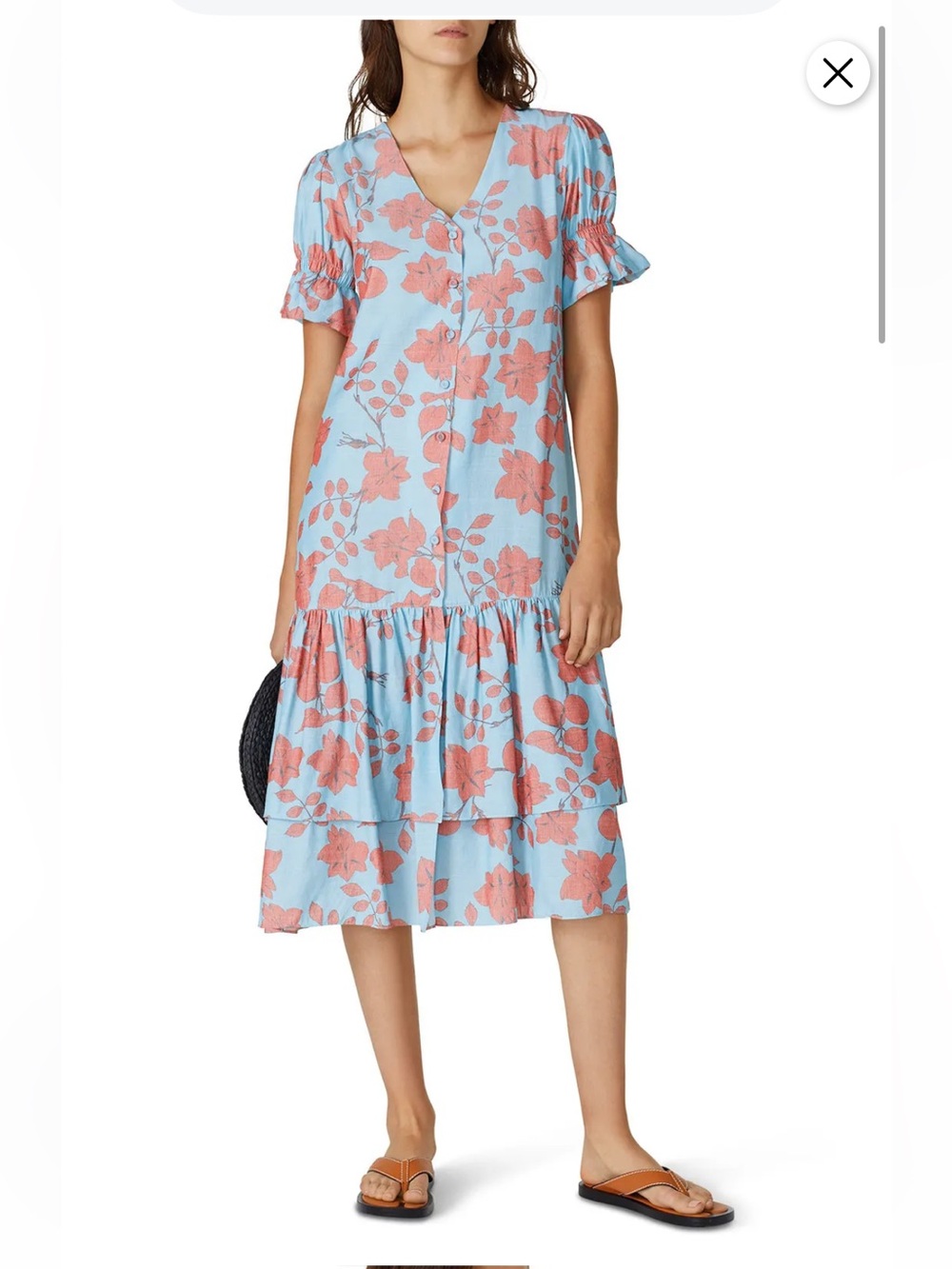 LoboRosa Botones Light Blue Midi Dress with Coral Floral Print Sz S B131